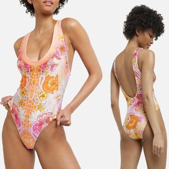 RIVER ISLAND Vibrant Pink/Orange Floral One-Piece Swimsuit Size 8 - Picture 1 of 14